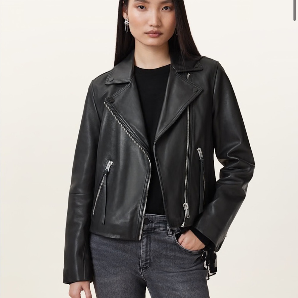 All Saints Black Leather Biker Jacket with Asymmetrical Zipper
